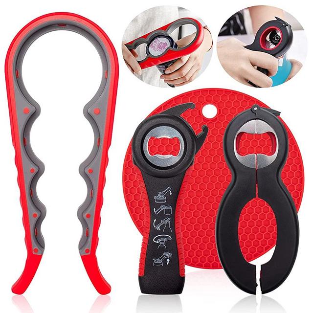 Jar Bottle Opener Non Slip Jar Gripper - Pad Rubber Jar Can Lid Opener,5 in 1 Multi Function Non-Slip Opener for Weak,Senior, Arthritis Hands (4-piece set)