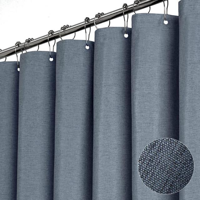 BTTN Stall Fabric Shower Curtain - 36x72 Inch Narrow Linen Textured Heavy Duty Shower Curtain Set with 6 Plastic Hooks, Hotel Spa Luxury Half Waterproof Neutral Bath Curtains for Bathroom - Blue Gray