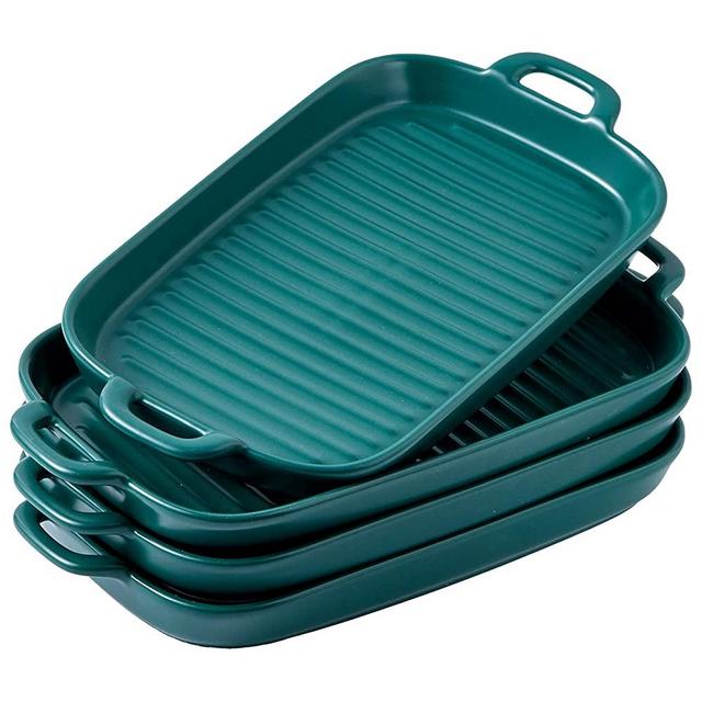 Bruntmor 10"x6" Set Of 4 Oven to Table Bakeware Matte Glaze Dinner Plates, Lasagna Serving Pan With Handle Rectangular Dish, Hunter Green
