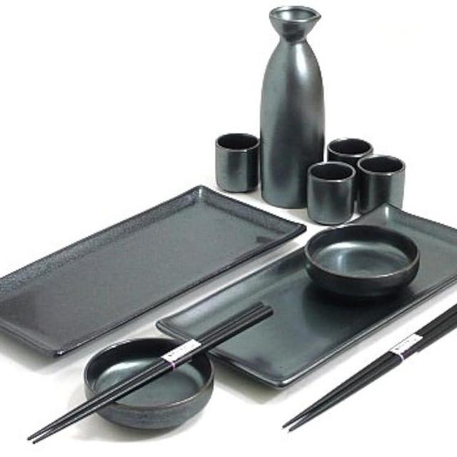 Sushi Set Made In Japan - MySushiSet 11 piece Black Crystal Ceramic Sushi Plate and Sake Set