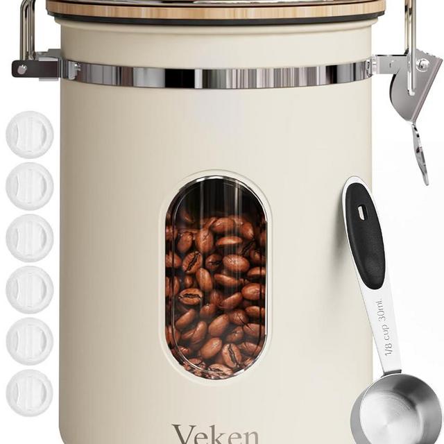 Veken Coffee Canister with Window, Airtight Stainless Steel Kitchen Food Storage Container with Date Tracker and Scoop for Grounds Coffee, Beans, Tea, Flour, Cereal, Sugar, 22OZ,Cream