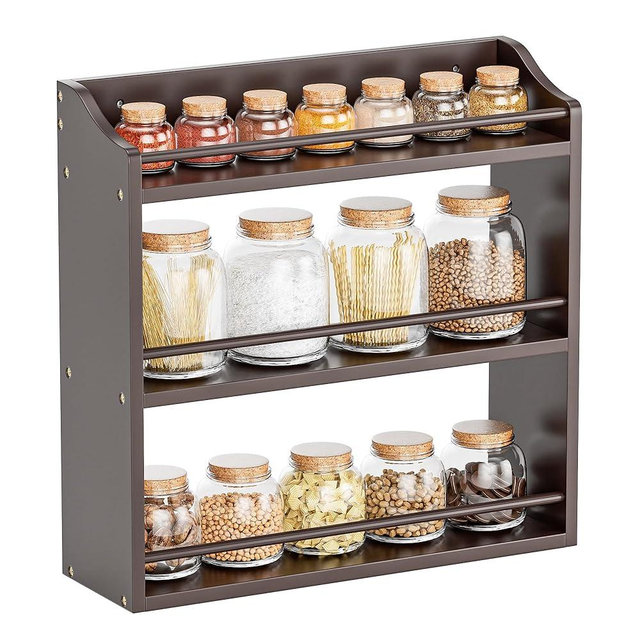 STELLSTAR 3 Tier Bamboo Wood Spice Rack, Seasoning Bottles Jars Organizer Shelf for Spices or Craft Supplies, Kitchen Counter or Wall Mounting (Brown)