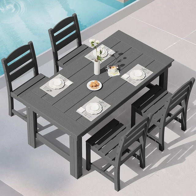 SERWALL Outdoor Dining Table Set, 67‘’ HDPE Patio Dining Set for 4, All-Weather Outdoor Table and Armless Chairs Set for Deck, Grey