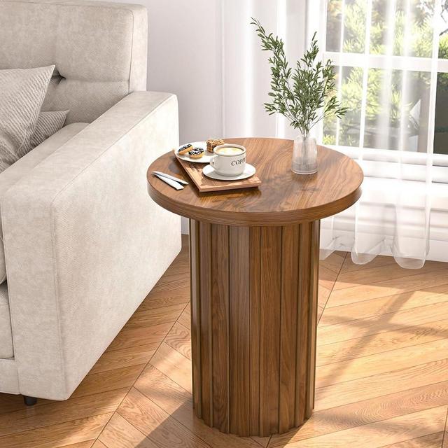 Fsbecl Farmhouse Pedestal End Table Round Side Table with Fluted Panel Rustic Drink Table for Small Space Living Room (Walnut)