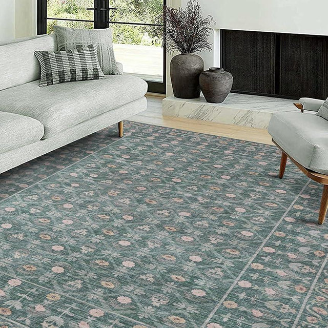 YIHOUSE Dark Green Floral Vintage Rug 6x9,Flower Area Rug for Living Room,Emerald Green Boho Rug Washable,Persian Rugs Carpets for Bedrooms,Farmhouse Nursery Area Rug