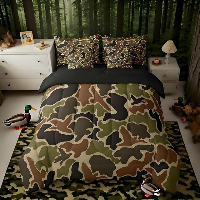 Feelyou Duck Hunter Green Camouflage Hunting 7 Pieces Bedding Set, Queen Size Black Brown All Season,Bed in a Bag with Comforter, Sheets, Pillowcases Camo Army Bed Set Breathable Wild Room Decor