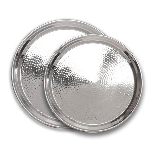 Hammered Stainless Steel Trays – Round Silver Serving Trays - 2 Pc - Large Tray 15” Medium Tray 13” - Decorative Platters – by Colleta Home
