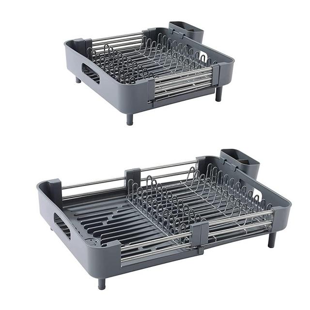 Shanik Expandable Kitchen Dish Drying Rack - Dish Rack Drainer with Cutlery Holder, Stainless Steel & Rustproof Dish Rack with Removable Utensil Holder - 13.18-19.88 Inch