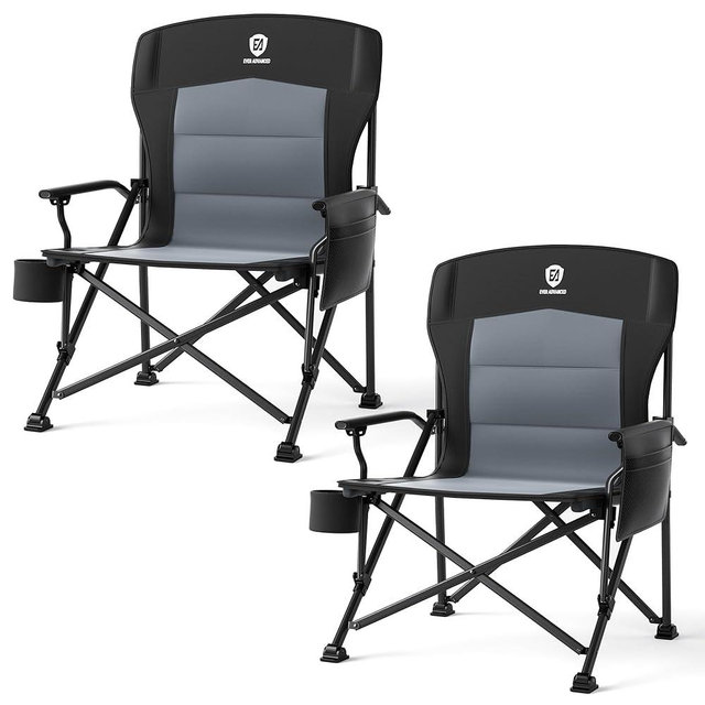EVER ADVANCED Oversized Folding Camping Chair for Adults, Heavy Duty Lawn Chair with Side Pockets, Portable Collapsible Quad Chair for Outside, Support Up to 500lbs, Black 2PACK