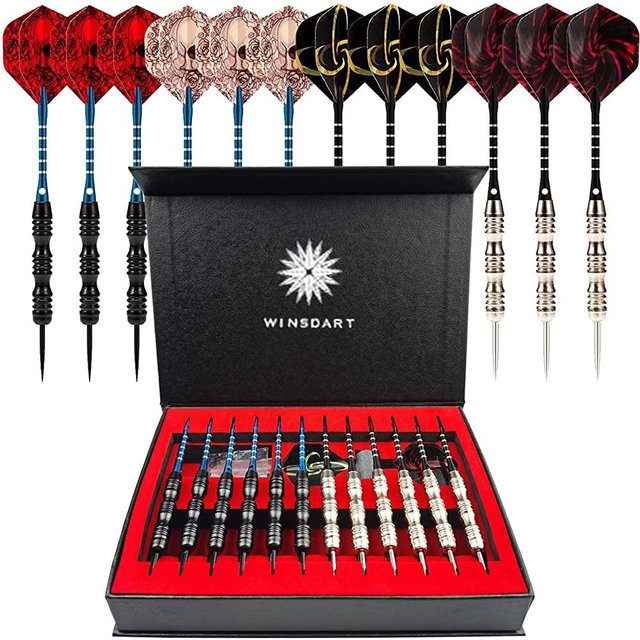 WINSDART ADKX Steel Tip Darts 12 Pack Set with Nonslip Iron Barrel Aluminum Dart Shafts and Flights + Darts Sharpener + an Gift Box