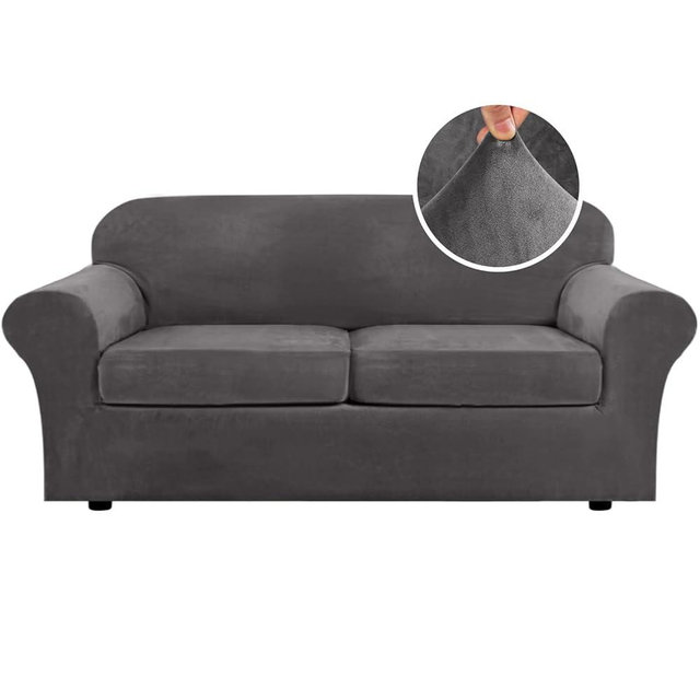 H.VERSAILTEX Real Velvet Plush 3 Piece Stretch Sofa Covers Couch Covers for 2 Cushion Couch Sofa Slipcovers Width Up to 90 Inch Feature Thick Soft Stay in Place (Large Sofa, Grey)