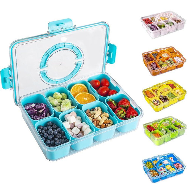 WACOI Divided Snack Serving Tray with Lid and Handle Travel Snackle Charcuterie Container Portable Storage Organizer for Candy, Fruits, Nuts, Snacks, Party, Picnic (1pack, Lake blue)