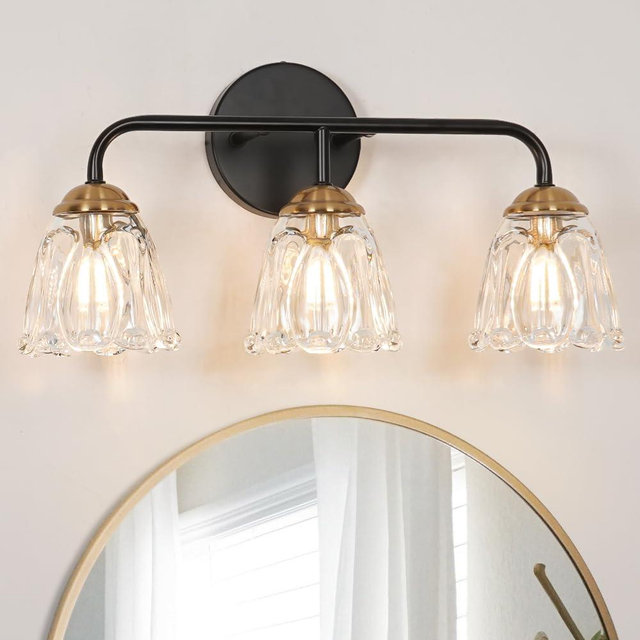 Daunton Vintage 3 Light Vanity Light, Black and Gold Bathroom Vanity Light, Bathroom Light Fixtures with Glass Shade, Antique Vanity Light Fixtures Over Mirror, Wall Sconce for Bedroom, Living Room