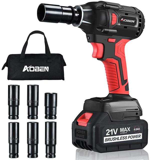 AOBEN 21V Cordless Impact Wrench Powerful Brushless Motor with 1/2" Square Driver, Max 300 Torque ft-lbs (400N.m), 4.0A Li-ion Battery, 6Pcs Driver Impact Sockets,Fast Charger and Tool Bag