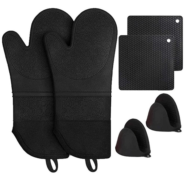 MTZRFLL Silicone Oven Mitts Set, Extra Long Non-Slip Heat Resistant Oven Gloves Come with 2 Cooking Pinch Mitts & 2 Pot Holders, Prefect for Grilling, Cooking, Baking (Black)