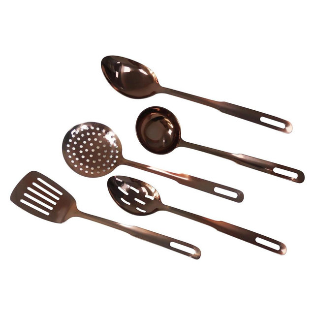 Amco 5-Piece Stainless Steel Cooking Utensil Set, Copper Finish, Includes Kitchen Ladle, Slotted Turner, Skimmer, Solid Spoons, 14" w/ Hanging Holes