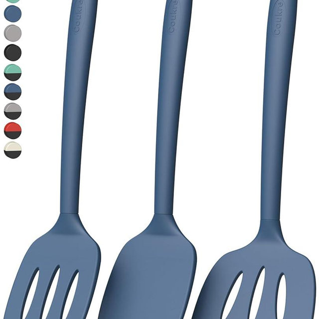 Coukre 3 Pack Silicone Spatula Set, High Heat Resistant, BPA-Free, Fish Spatula, Solid & Slotted Turner for Non-Stick Pans, Flipping Eggs, Pancakes, Fish, Burgers (3, PureDarkBlue)