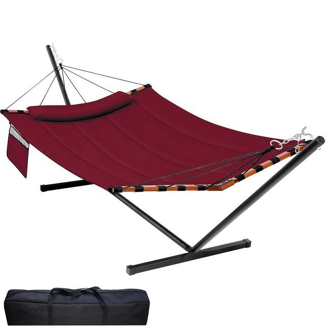 TegerDeger 12FT 2 Person Hammock with Stand Included 55 x 79IN Large Hammock 450LB Capacity with Hardwood Spreader Bar & Nylon Rope for Outside, Patio, Garden, Backyard, Beach - Red