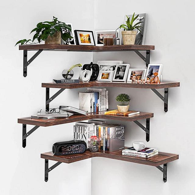ROMGUAR CRAFT Corner Floating Shelves Wall Mounted Shelves Set of 4, Waterproof Wood Display Wall Storage Shelves, Book Shelves, Home Decor for Bathroom, Kitchen, Bedroom, Living Room, Office