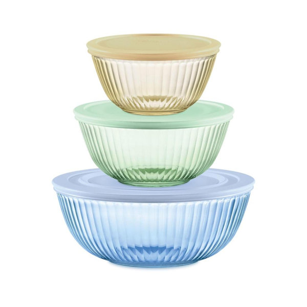 Pyrex Colors Tinted (3-Pack, Full Set) Sculpted Tinted Glass Mixing Bowls With Lids, Nesting Space Saving Set of Bowls For Prepping and Baking, 1.3QT, 2.3QT & 4.5Q
