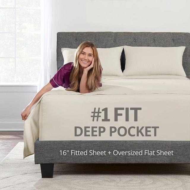 Deep Pocket King Bed Sheets – 4-Piece Includes: Real 16” Inch Extra Deep Pocket Fitted Sheet [Best-Fit for 14”-18 Mattress] – Oversize Flat Sheet – 1 Zipper Closure Pillowcase – Light Beige Cream