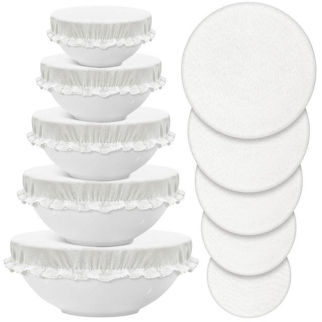 Patelai 10 Pieces Bowl Covers Reusable in 5 Size Stretch Cloth Fabric Bowl Covers Elastic Food Storage Covers Cotton Bread Bowl Covers Reusable Lids for Food, Fruits, Leftover (Ivory Style)