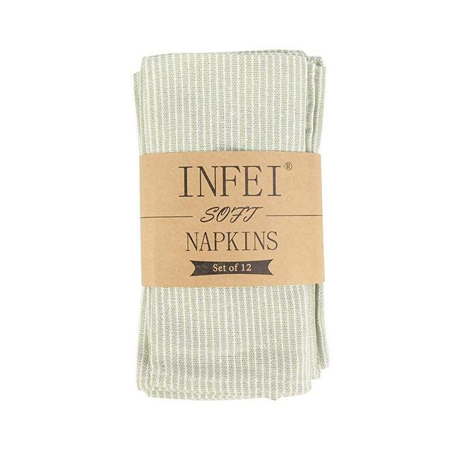 INFEI Narrow Striped Linen Cotton Dinner Cloth Napkins - Set of 12 (40 x 40 cm) - for Events & Home Use (Green)