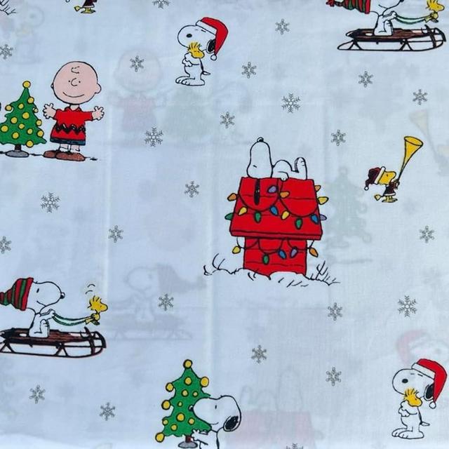 Berkshire Blanket & Home Co Peanuts Christmas Winter Themed Sheet Sets - Christmas Carolers (White - Silver Snowflakes, Sledding, Doghouse w/Lights, Queen)