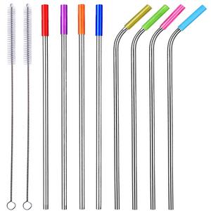 Stainless Steel Straws, 10.5” Long Reusable Replacement Metal Straws for 20 30 oz Yeti Tumbler, RTIC, Tervis, Ozark Trail, Starbucks, Mason Jar, Set of 8 with Silicone Tips & Cleaning Brush