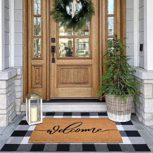 Fallovea Welcome Front Door Mats Combo Set, 100% Coco Coir Doormat + 28" x 43" Black and White Plaid Rug, Front Porch Entryway Decor Indoor Outdoor Easter Summer Mats
