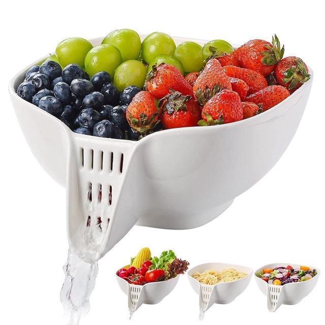 Dizada Ceramic Drain Basket 60 Oz - Porcelain Colander with Integrated Spout for Kitchen, Food Strainer for Vegetables, Fruit, Pasta, Heat-Resistant Dishwasher Safe