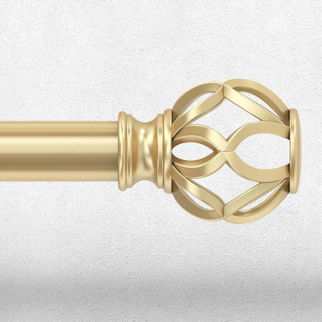 Curtain Rods for Windows 72 to 144 Inch, Gold Decorative Extra Long Window Treatment Rods with Aluminium Twisted Cage Finials, 1" Diameter Adjustable Heavy Duty Metal Farmhouse Drapery Pole