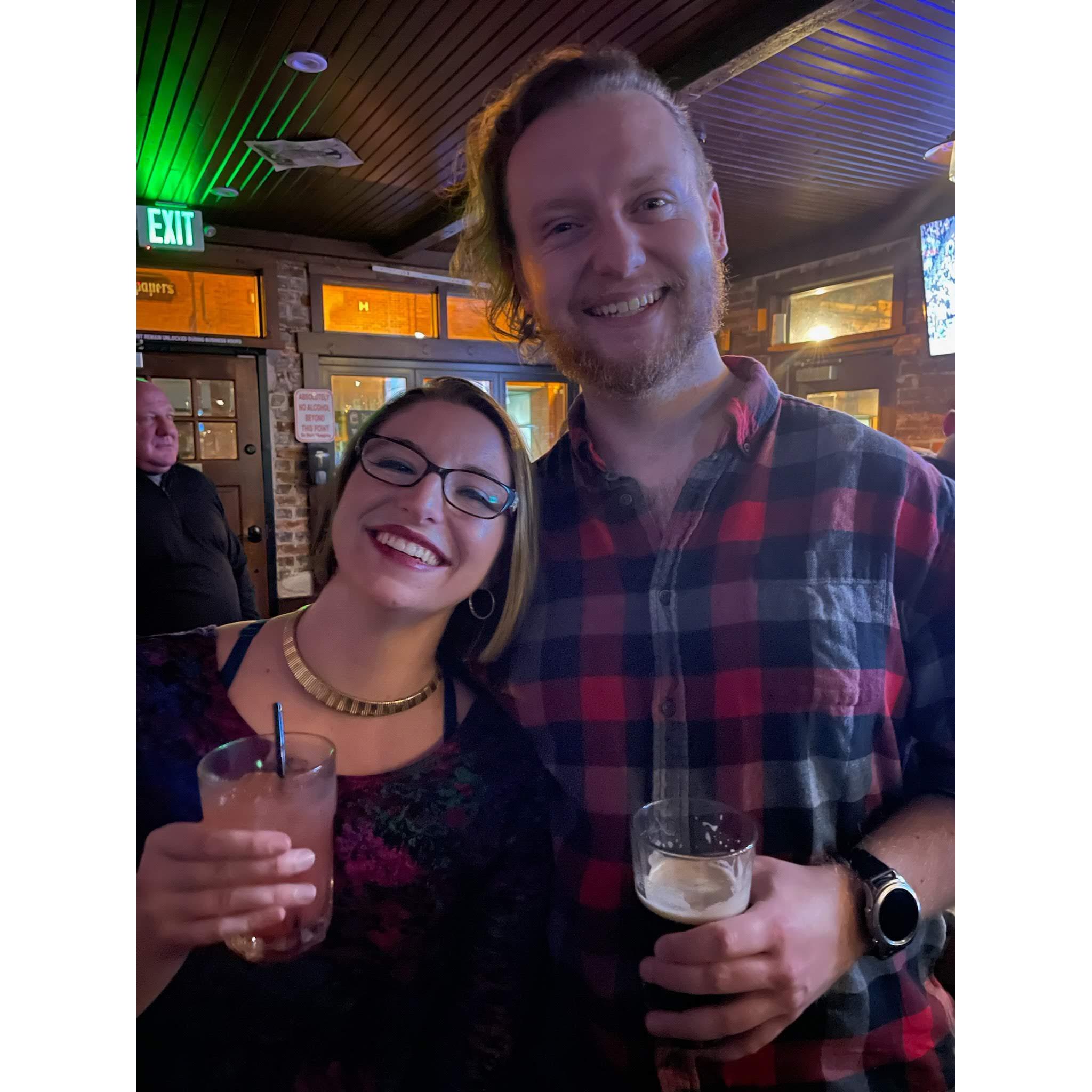 Enjoying a drink at one of our favorite bars in Colorado.