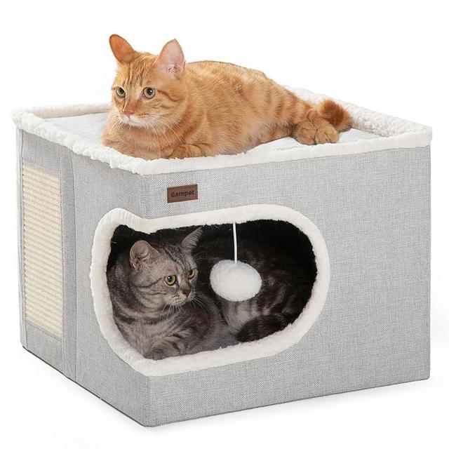 Garnpet Cat Bed for Indoor Cats Cube House, Covered Cat Cave Beds & Furniture with Scratch Pad and Hideaway Tent, Cute Modern Cat Condo for Multi Small Pet Large Kitten Kitty, Grey