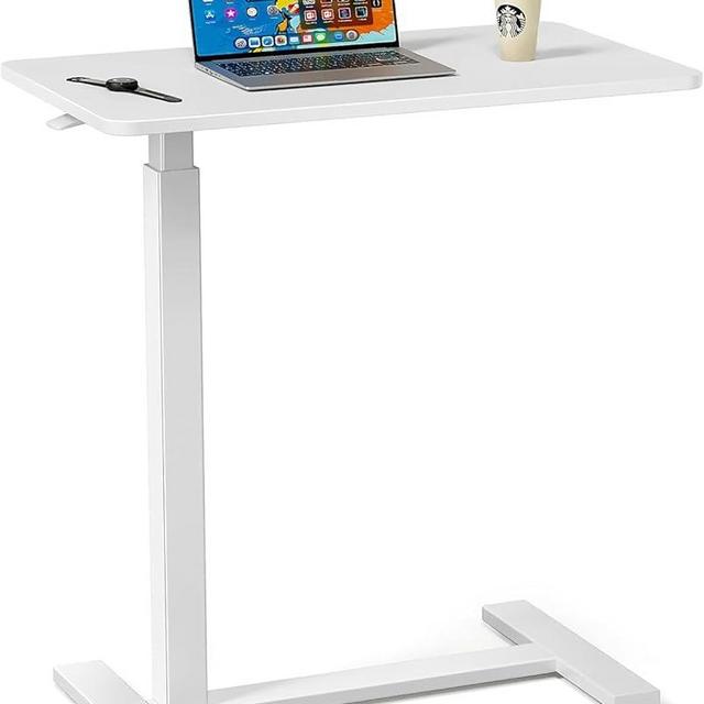 Sweetcrispy Overbed Bedside Table with Wheels, Adjustable Hospital & Home Use Bed Table, Rolling Laptop Table, Mobile Standing Desk, White