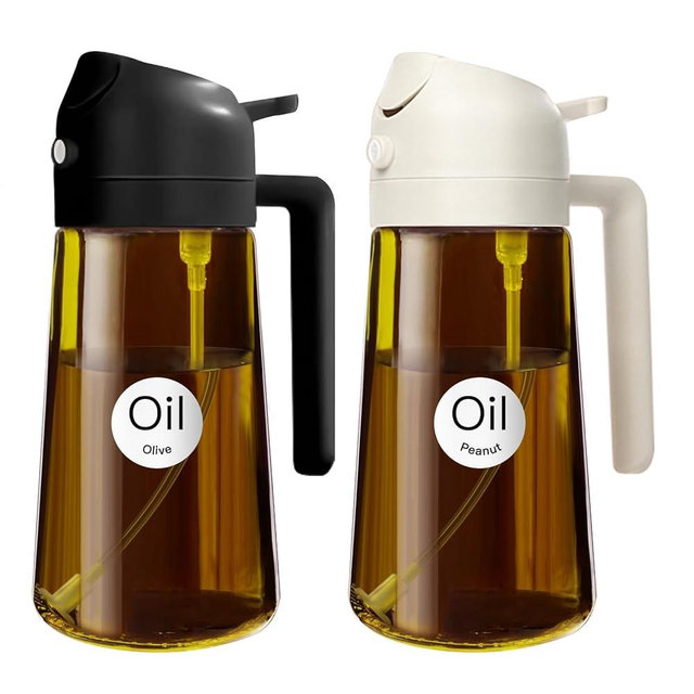 YARRAMATE 2PCS 16oz/470ml Oil Sprayer for Cooking with Stickers, Food-Grade 2 in 1 Olive Oil Dispenser Bottle for Kitchen, Premium Dark AmberGlass Oil Bottle for Air Fryer, BBQ (Black & White)