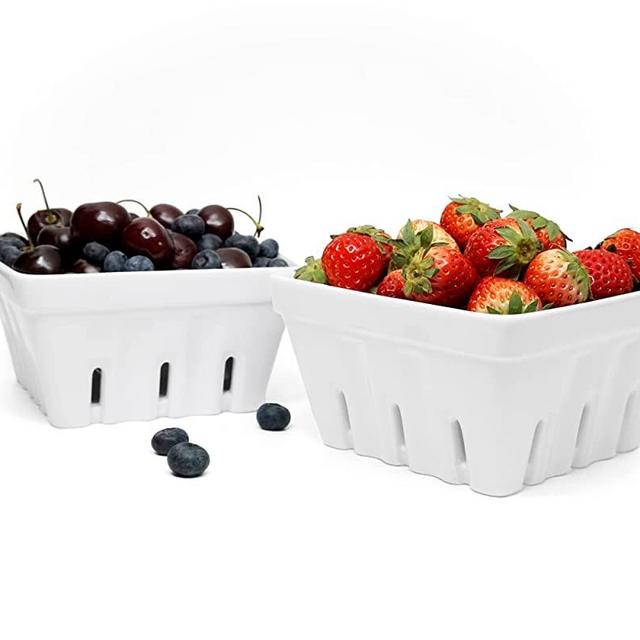 Woouch Ceramic Berry Basket, Square Fruit Bowl With Holes, Colander For Kitchen, Cute Small Container For Berries, Strawberry, Grape, Cherry, Rustic Stoneware Décor (White)