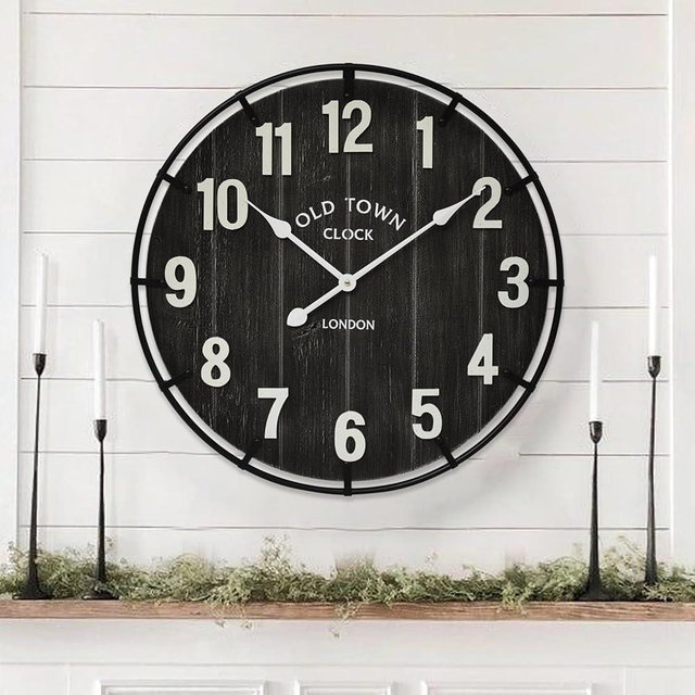 EMAX HOME Large Old Town Farmhouse Wall Clock – 24 Inches Rustic Antique Wood with Metal Circle and Large Numerals, Silent Battery Operated Clock for Office, Kitchen, Bedroom, Living Room (Black)