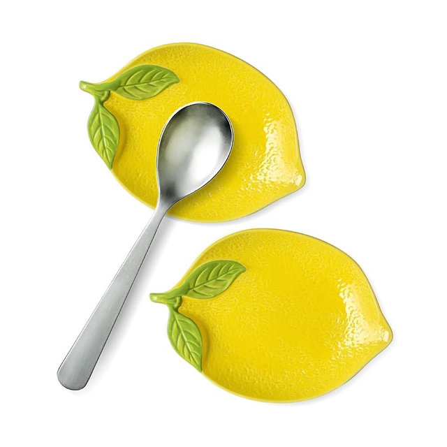 SEICASAYA Ceramic Spoon Rest Set of 2, Lemon Shaped Kitchen Utensil Holder, Decorative Yellow Ceramic Countertop Protector, 6.1 x 4.1 inches (Yellow Lemon)