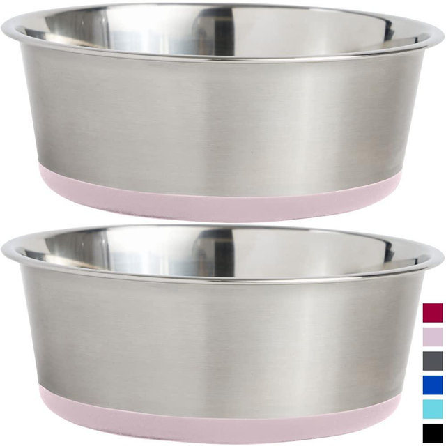 Gorilla Grip Stainless Steel Metal Dog Bowl Set of 2, Rubber Base, Heavy Duty, Rust Resistant, Food Grade BPA Free, Less Sliding, Quiet Pet Bowls for Cats and Dogs, Holds 4 Cups (32 fl oz), Lt Pink