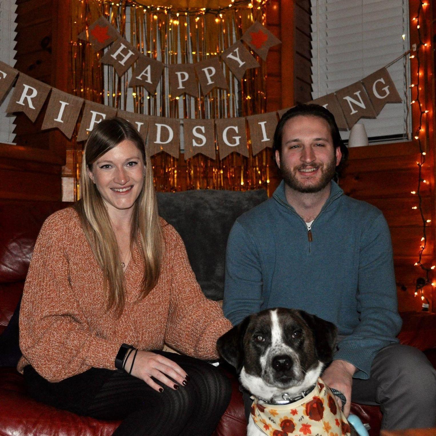 Caitlyn and Anthony included their furry friend Otis in their Friendsgiving celebration in 2021.