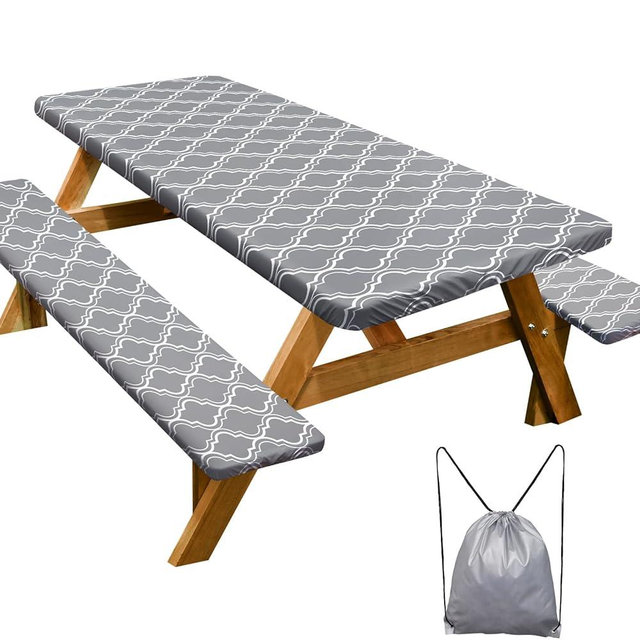 Picnic Table Cover with Bench Covers Camping Essentials Waterproof Windproof Camping Tablecloth with Drawstring Bag, Fitted Rectangle Tables and Seats, 72in, Grey
