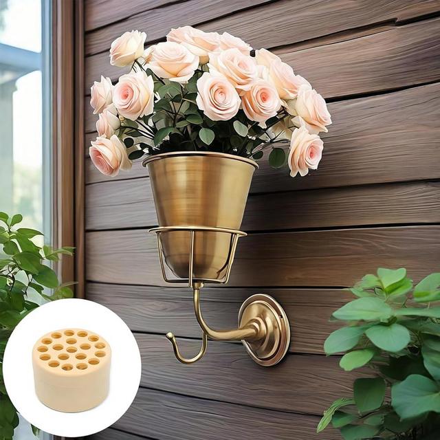 AEDNX Wall Vase, Iron Wall Planter with Versatile Hook - Indoor/Outdoor Plant Holder for Live or Artificial Flowers, Keys and Decorations, with Spiral Flower Stem Holder and Screws (Gold)