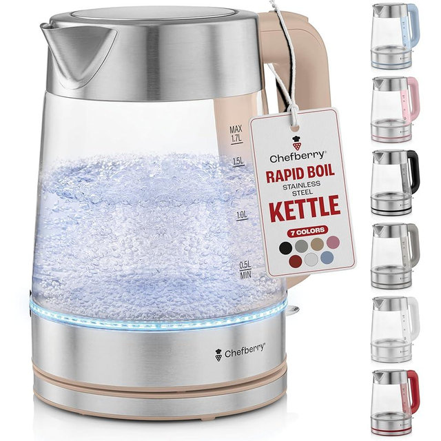 Electric Kettle for Boiling Hot Tea & Water | 1.8L Stainless Steel Borosilicate Glass Boiler With No Plastic, Automatic Shutoff, BPA Free, Fast Heating Technology (Cream)