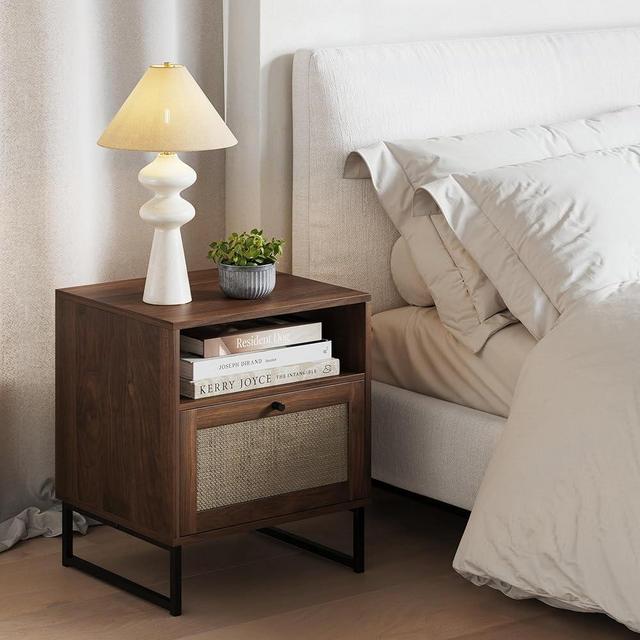 Nathan James Rattan Nightstand Wood End Side Accent Table with Storage for Living Room or Bedroom, Walnut Brown/Black