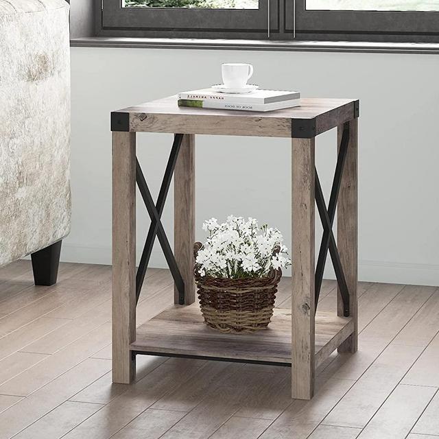SHA CERLIN Modern Farmhouse Side Table/End Table for Living Room, Night Stand for Bedroom with X-Shaped Metal Frame Support, Wood Look Accent Table with Storage Shelf, Sturdy, 15.4 inch, Grey Wash
