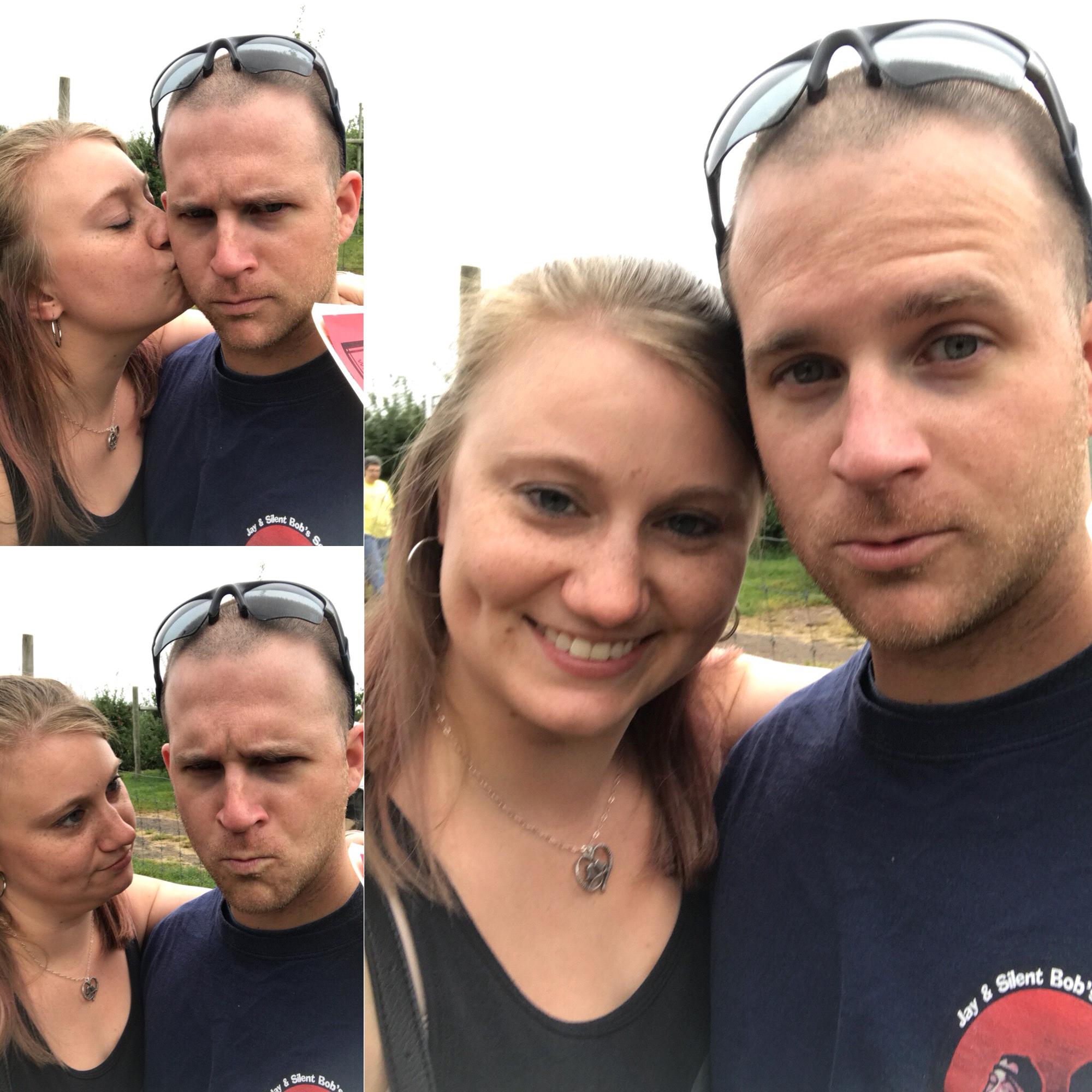 Having some fun at the farm after apple picking with their friends Alison and David in the fall of 2017.