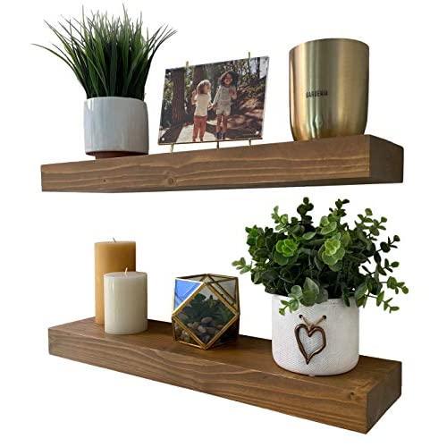 Homeforia Rustic Wood Floating Shelves Wall Mounted - 2" Thick Wooden Shelf for Bedrooms Kitchen Bathroom 24 x 6 x 2 inch - Set of 2 - Heavy Duty Bracket - Special Walnut Color