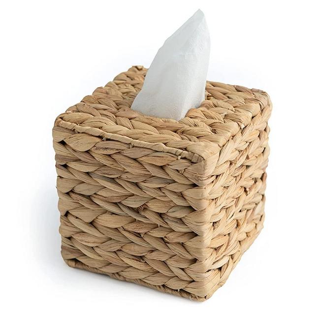 KOLWOVEN Tissue Box Holder - Tissue Box Cover Square- Rattan Wicker Tissues Cube Box Cover -Boho Decorative Woven Facial Tissue Holder on Table and Barthroom (Square)