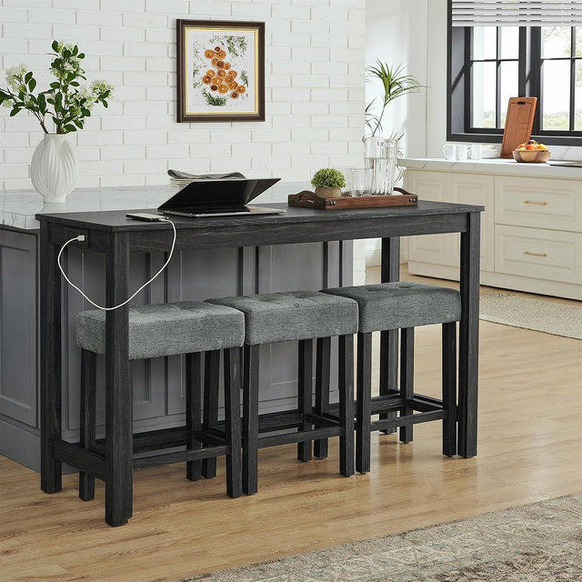 Knocbel Industrial 3-Person Counter Height Rectangle Bar Table Set with Power Outlet, 4-Piece Dinette Set with Padded Seat Stools, Apartment Condo Small Space Pub Bistro Dining Furniture Set (Black)